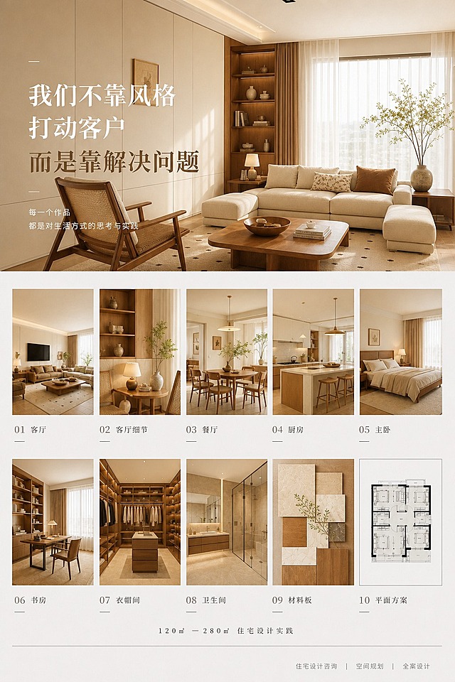 基于参考图进行修改：将所有配图（顶部大横幅客厅大图、下方10张小配图）的风格从暗调暗黑侘寂风改为中古风+奶油风，整体色调改为温暖明亮的奶白色、米杏色、焦糖棕色、原木色搭配，光线充足柔和，去掉暗黑压抑的氛围。每张配图主题保持不变：01客厅、02客厅细节、03餐厅、04厨房、05主卧、06书房、07衣帽间、08卫生间、09材料板、10平面方案，全部替换为中古风奶油风的对应场景图。整体版式、所有文字内容、排版布局、字体风格全部保持不变，仅替换配图风格与色调。整体氛围温暖治愈、明亮通透，充满中古风复古质感与奶油风温柔感