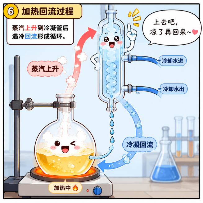 卡通分镜漫画第六格：加热回流过程，蒸汽上升到冷凝管后遇冷回流形成循环，冷凝管拟人化配文："上去吧，凉了再回来~"，风格为可爱科普漫画，线条清晰，色彩明亮预览效果