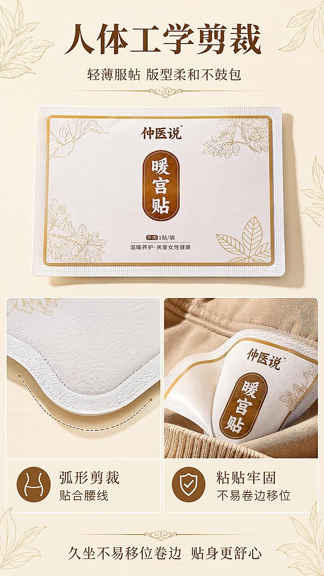 [第7屏] 细节设计-人体工学剪裁与粘贴牢固度。本屏使用【图1】作为产品主体，配合细节特写。
[氛围/风格] 产品细节微距展示，质感高级，结构清晰，商业产品摄影质感。
[元素布局] 画面上方展示暖宫贴单片产品平铺全貌（从礼盒取出的单片暖贴，保留包装设计语言），占比约35%；下方左右两个细节特写区：左侧展示边缘剪裁弧度（人体工学剪裁），右侧展示背胶粘贴牢固度（贴于衣物面料上的特写）；背景为浅米色+金色细线装饰；产品包装元素与输入图风格一致。
[光影质感] 顶光+侧光立体打光，边缘剪裁线条清晰，背胶和面料纹理有质感，阴影自然。
[配色色系] 全局底色 #F7F0E3 浅米黄；主色 #C9A96E 金色 + #8B4513 棕褐；辅助色米白、浅金。
[视角构图] 上下分栏+左右细节对比，上半产品全貌，下半双格细节特写，阅读动线自上而下。
[文字版式] 顶部主标题「人体工学剪裁」，副标题「轻薄服帖 版型柔和不鼓包」；左下细节标注「弧形剪裁 贴合腰线」；右下细节标注「粘贴牢固 不易卷边移位」；底部补充「久坐不易移位卷边 贴身更舒心」；引线标注清晰，文字层级分明。
[比例分辨率] 9:16 竖版比例，4K分辨率，文字清晰可辨，高清画质。
[负向提示词] 产品变形，结构错误，纹理模糊，文字错乱，水印，颜色偏差。