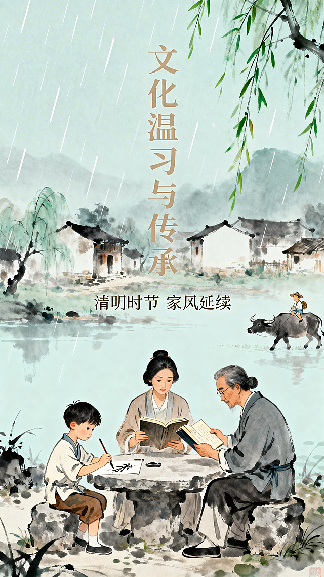 一幅融合了清明传统元素（如细雨、柳枝、牧童、村落）与中国风水墨淡雅插画风格的海报，画面展示孩子与家人一起阅读、绘画的温馨场景，呼应“文化温习与传承”的主题，整体风格宁静雅致，水墨晕染，传统国风氛围浓厚。