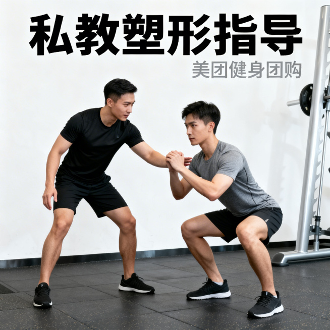 美团健身团购主图，方形1:1，私教塑形指导主题，健身教练带学员训练场景，现代简约风格，清晰文字，商业宣传预览效果