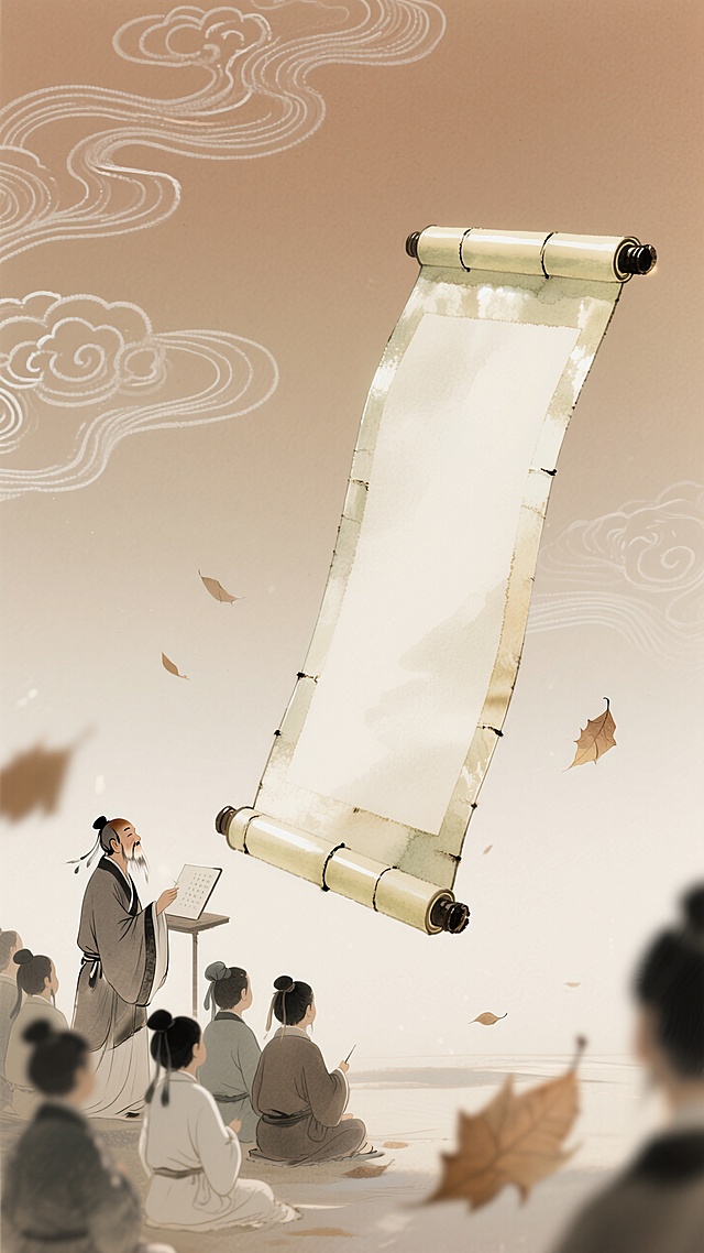 古典插画风，水墨渲染，师徒授业场景，卷轴悬浮，秋叶飘落，意境深远。
