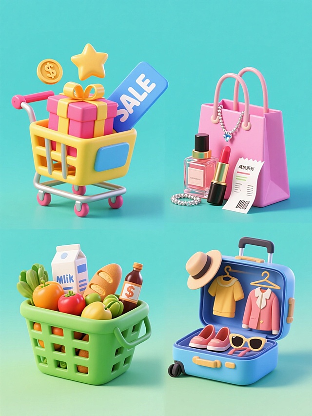 4个完全不同元素内容的商城系列素材集合，规整排布，每个素材均为3D立体卡通风格，纯色背景，高饱和度明亮色彩，圆润可爱造型，柔和阴影与高光表现。第一个素材：黄色购物车装满彩色礼物盒、星星、美元硬币和蓝色SALE卡片；第二个素材：粉色购物袋内有化妆品瓶罐、口红、香水、购物小票和闪亮饰品；第三个素材：绿色食品篮装有水果、蔬菜、牛奶盒、面包和饮料瓶；第四个素材：蓝色行李箱中露出服装、鞋子、帽子、太阳镜和衣架。所有元素保持统一的3D卡通质感、光影效果和构图风格，整体呈现欢快、活泼的购物氛围，适合商城促销宣传。