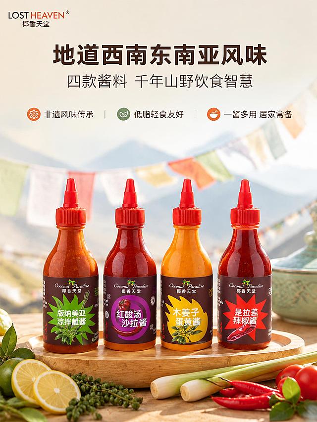 图生图：严格保持原图的整体构图、木质托盘、背景布幔与串旗、四周食材摆件、标题与所有文案排版完全不变。将画面中四个酱料瓶的瓶身标签分别替换为参考图中的新标签（Coconut Paradise 椰香天堂品牌）：最左一瓶替换为参考图中「版纳美亚凉拌蘸酱」绿色标签，左二瓶替换为参考图中「红酸汤沙拉酱」紫色标签，右二瓶替换为参考图中「木姜子蛋黄酱」黄色标签，最右一瓶替换为参考图中「是拉差辣椒酱」红色标签。瓶身形状、红色瓶盖、瓶内酱料颜色必须与原图完全一致，新标签上的logo、文字、图案须原样保留、清晰锐利、不得出现乱码或错别字。同时将画面中所有「花马天堂」字样改为「椰香天堂」，其余文字（如「LOST HEAVEN®」）保持不变。仅修改瓶身标签文字与品牌字样，其余元素不动。