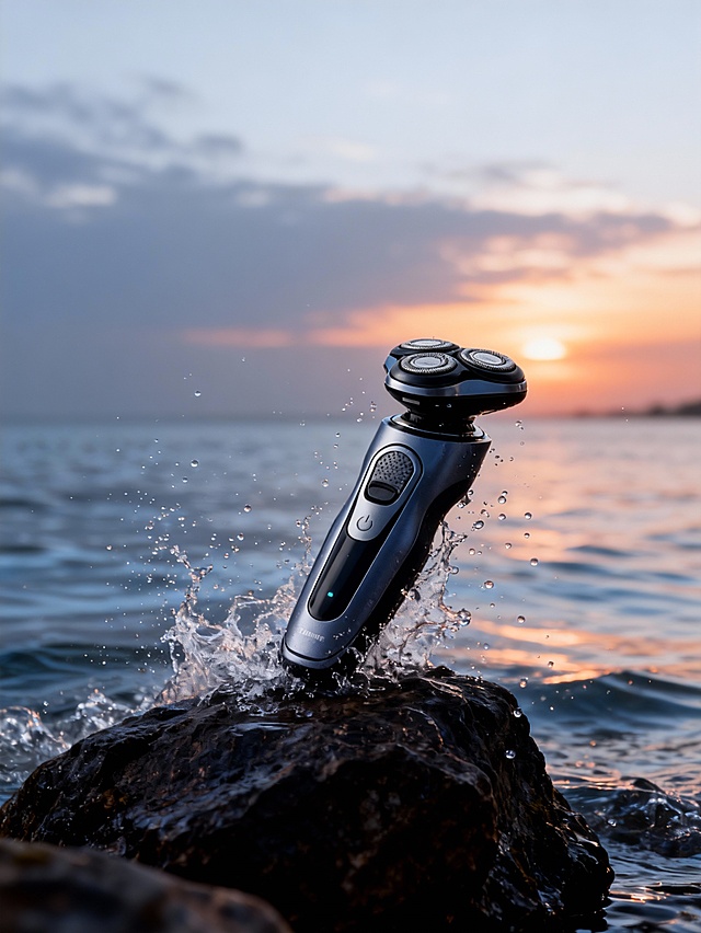 科技感与实景感交融，3D风金属质感剃须刀立于浪花岩石之上，光影流动间展现未来感与清爽清透的商务美学。