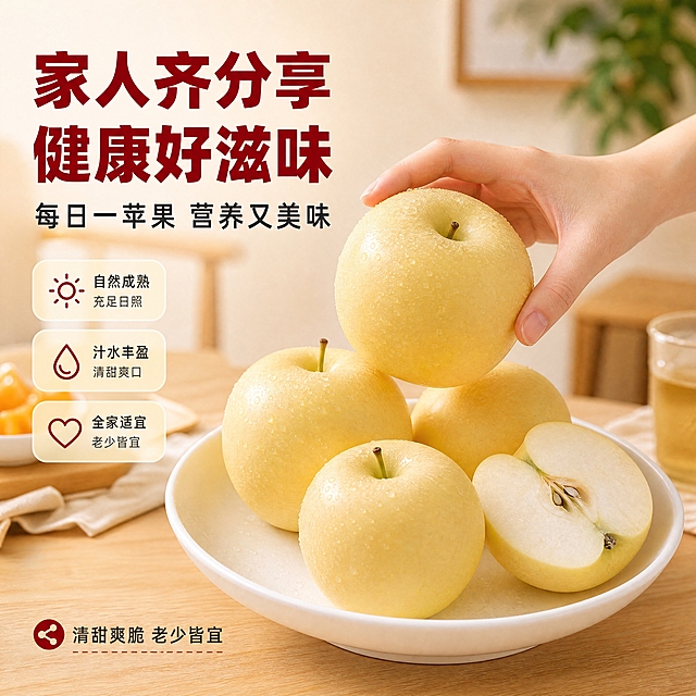 [商品] 使用【图2】【图3】中的烟台奶油富士苹果；保留苹果奶黄色果皮、表面带水珠、切开剖面奶白色果肉的真实外观和质感，与原图一致。
[画面] 食用分享场景页，分享氛围+手部动作型。画面主体：浅木色餐桌上摆放一个白色果盘，果盘中有2-3个完整的烟台奶油富士苹果和1个切开的苹果（展示剖面果肉）；一只手（亚洲女性手部，皮肤白皙自然）正从果盘中拿起一个苹果，动作自然。背景为温馨的居家餐厅环境，虚化处理。苹果+果盘+手部占画面约55%，背景环境占约35%。暖自然光从侧方照入，营造家人分享、温馨日常的氛围。三层景深：前景手部和苹果清晰、中景果盘过渡、背景环境虚化。
[视觉] 套系策略：风格=京东高端鲜果商业静物摄影，暖金极简高级感；标题字=粗黑体，厚重有力；正文字=思源黑体，简洁清晰；主色=暖木色+奶白色+温馨米色；背景延展=基于暖金/奶白做深浅渐变、同色层级和细腻哑光质感；强调色=中国红，仅用于小面积标签、引线和重点文字高亮；标题色=深枣红/中国红；正文色=深暖灰；组件=圆角浅金信息卡、细线引线、分享图标；光影=侧方自然暖光，柔和阴影，温馨通透。
[文字] 画面上方或左上角排列文案：主标题"家人齐分享 健康好滋味"（大字号，中国红粗黑体），副标题"每日一苹果 营养又美味"（中字号，深暖灰黑体）；画面下方加一句："清甜爽脆 老少皆宜"。文字横向排版，不遮挡主体动作，移动端可读。
[规格] 图片比例1:1，4K，负向提示：避免手部变形、苹果变形、果肉颜色改变、场景杂乱、冷色调、文字竖排、出现京东logo或平台水印、医疗功效宣传。