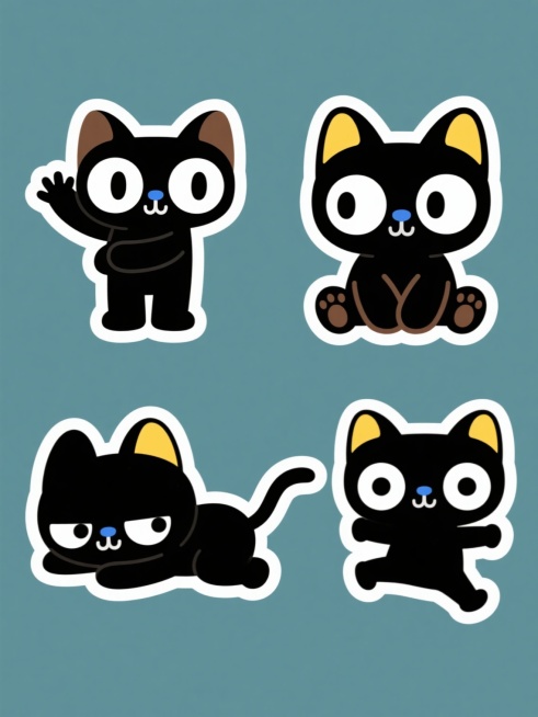 四个不同造型的罗小黑系列素材集合，保持简约卡通风格，纯黑色身体配黄色内耳，白色大眼睛带棕色轮廓，蓝色小鼻子和爪垫，规整排布于纯色背景上。第一个罗小黑站立举手打招呼，第二个坐着抱腿歪头，第三个趴着甩尾巴，第四个跳跃姿势，均保留头顶两个小圆眼睛特征，造型可爱统一又各具动态，适合作为系列图标或贴纸使用。预览效果