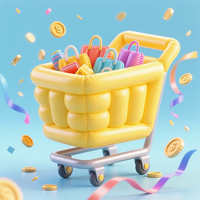 软3D风格购物车，充气质感搭配彩色购物袋与金币，波普艺术色彩碰撞，营造可爱卡通喜庆氛围。