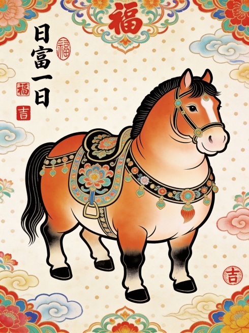 圆润可爱的胖马形象，装饰花纹鞍具，背景浅米色带点状肌理，左侧有“日富一日”书法字体及多个红色“福”“吉”印章，风格喜庆萌趣，充满中式吉祥寓意预览效果