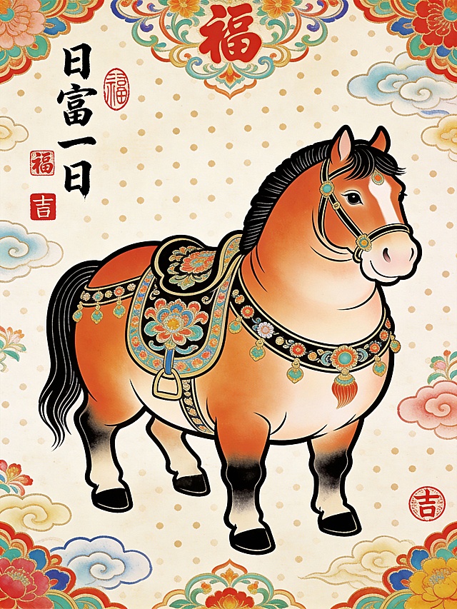 国潮风插画，融合工笔与刺绣元素，卡通马形象喜庆吉祥，配以中式祥云花卉纹样，传递节日祝福。
