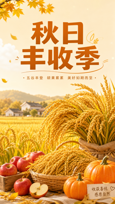 小红书秋季丰收封面，暖黄色调，金黄稻田堆满饱满的稻穗，点缀着红色的苹果和橙色的南瓜，整体氛围温暖治愈，顶部有醒目的文字“秋日丰收季”，简约清新风，适合小红书竖版封面构图预览效果