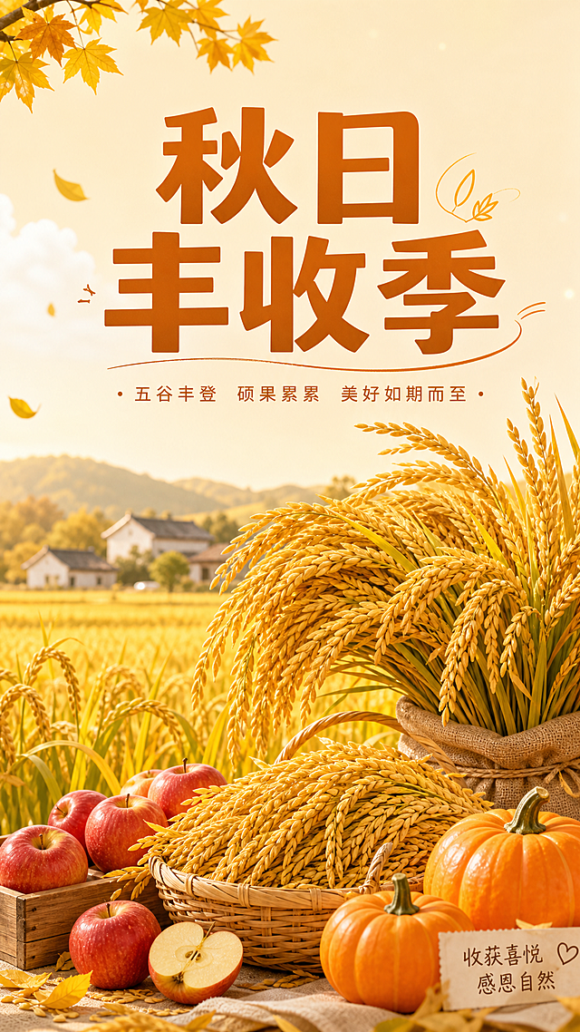 小红书秋季丰收封面，暖黄色调，金黄稻田堆满饱满的稻穗，点缀着红色的苹果和橙色的南瓜，整体氛围温暖治愈，顶部有醒目的文字“秋日丰收季”，简约清新风，适合小红书竖版封面构图