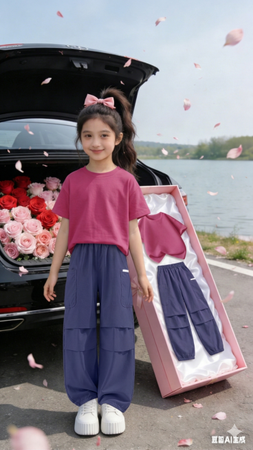 用图1短袖和裤子替换掉图2的模特身上穿的衣服裤子和旁边礼盒里平铺摆放的衣服裤子，保留原场景光影，保持图2的人物的五官和发饰不变，姿势不变，拍摄角度不变，模特的朝向不变，背景不变，图片宽高尺寸不变，保持预览效果