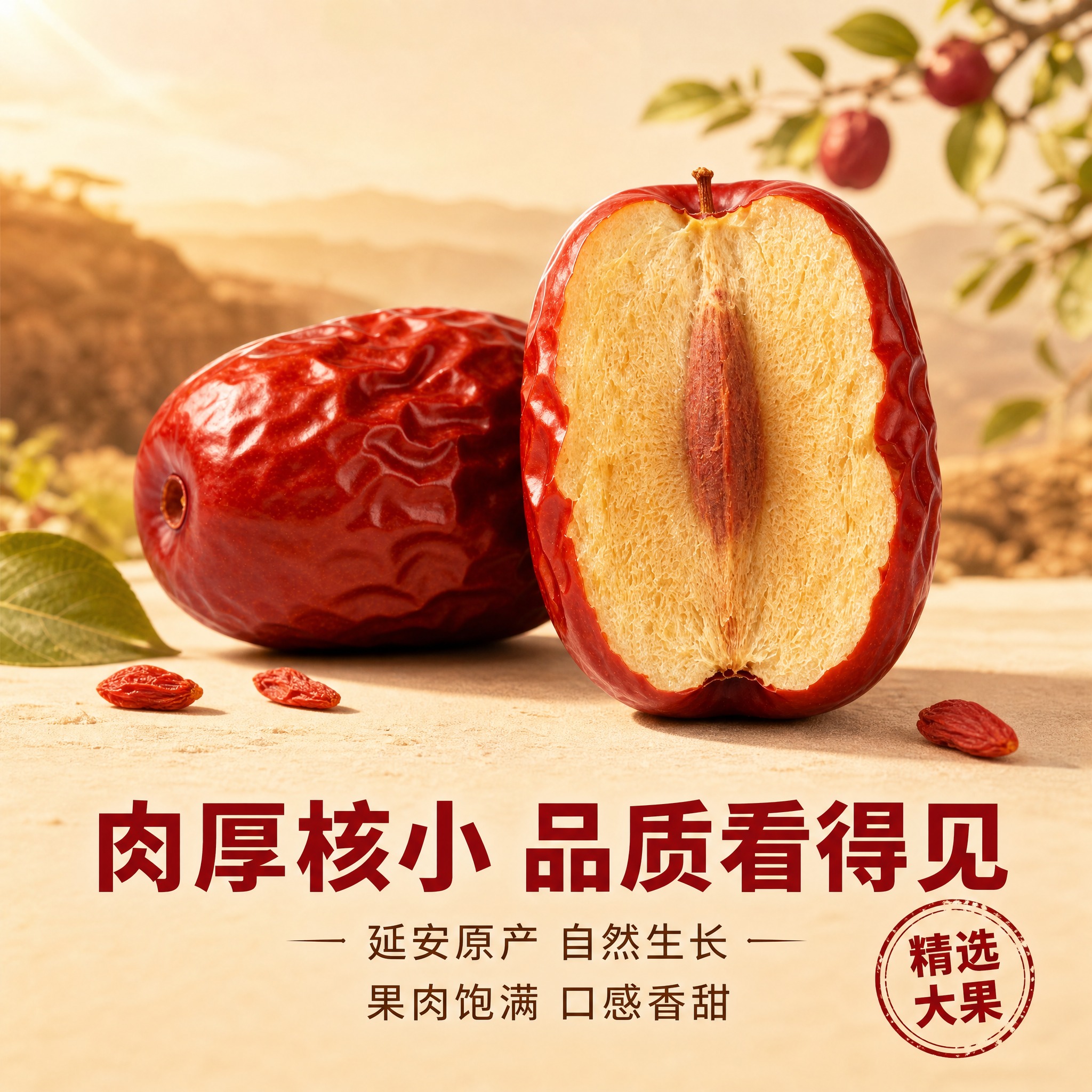 [主图-2] 延安特大狗头枣切面展示，突出肉厚核小的品质优势，… - 图片创意预览