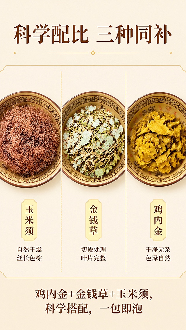 [第7屏] 原料配比展示-三种原料科学搭配组合展示。本屏使用【图8】原料组合展示配比。
[氛围/风格] 清晰直观专业风，浅米色背景，真实陈列质感。
[元素布局] 三种原料分开摆放展示在瓷碗中，各自占据约三分之一区域，清晰区分；原料形态、颜色、质感与用户输入图保持一致；顶部和底部预留文字说明区域。
[光影质感] 均匀顶光打亮，每种原料纹理都清晰可见，整体通透干净。
[配色色系] 全局底色 #F8F5E6；主色三种原料自然色彩；辅助色浅黄分区线、深棕标题。
[视角构图] 俯视平面布局，三种原料并排分区展示，一目了然。
[文字版式] 顶部主标题「科学配比 三种同补」，底部说明文字「鸡内金+金钱草+玉米须，科学搭配，一包即泡」，文字清晰分区，不遮挡原料主体，温润宋体排版。
[比例分辨率] 9:16 竖版比例，4K分辨率，文字清晰可辨，高清画质。
[负向提示词] 原料错位，颜色偏差，文字错乱，结构变形，水印