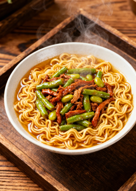 一碗芸豆肉丝卤面，放在木质桌面托盘上，热腾腾的美食摄影，写实风格，暖色调，清晰诱人预览效果