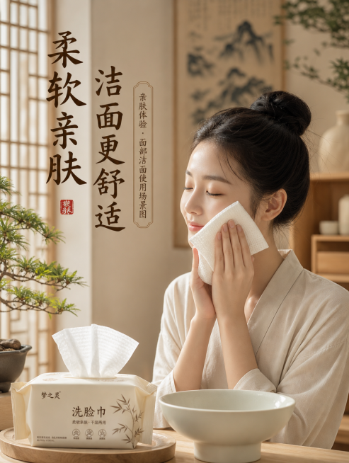 [第10屏] 亲肤体验・面部洁面使用场景图。柔和暖光新中式生活化场景，人物使用梦之灵洗脸巾轻柔擦拭面部，动作自然，体现面料柔软亲肤。背景搭配浅木色软装、简约国风摆件，色调温馨舒适，整体氛围干净治愈。主预览效果