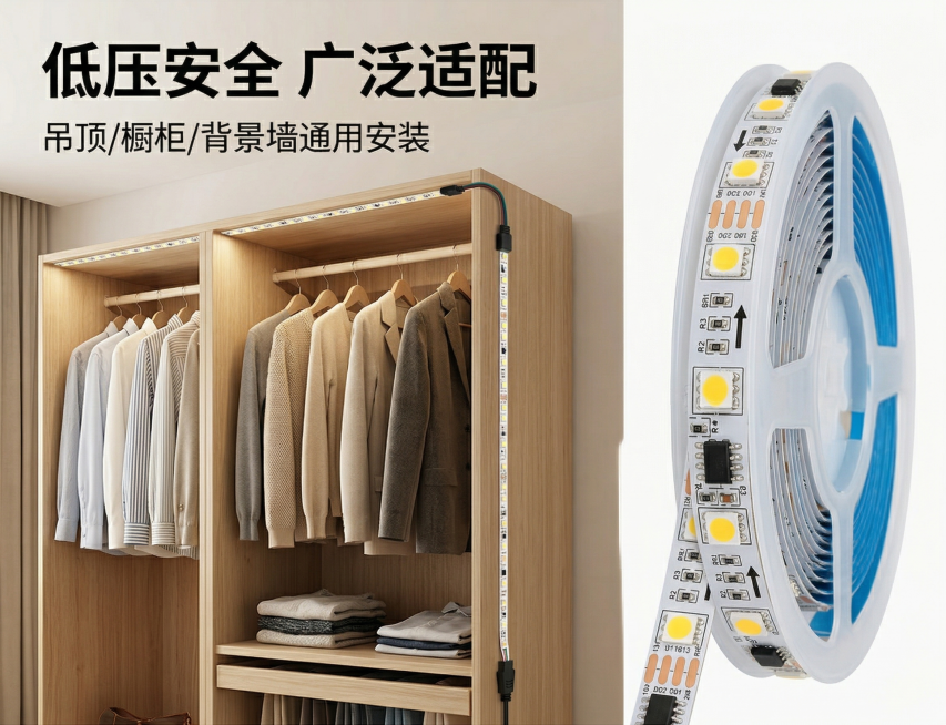 主图4场景体验：展示灯带安装在衣柜内部的真实使用场景，光线均匀柔和照亮衣物，营造温馨收纳氛围，灯带自然嵌入衣柜层板边缘，画面构图左衣柜右灯带特写，左右平衡。文案："低压安全 广泛适配"，左上角黑色粗体预览效果