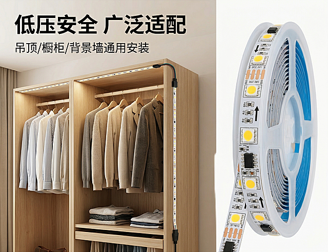 主图4场景体验：展示灯带安装在衣柜内部的真实使用场景，光线均匀柔和照亮衣物，营造温馨收纳氛围，灯带自然嵌入衣柜层板边缘，画面构图左衣柜右灯带特写，左右平衡。文案："低压安全 广泛适配"，左上角黑色粗体主标题，下方小字标注"吊顶/橱柜/背景墙通用安装"，背景浅木色衣柜，整体自然真实，传递生活方式，产品外观与原图一致。