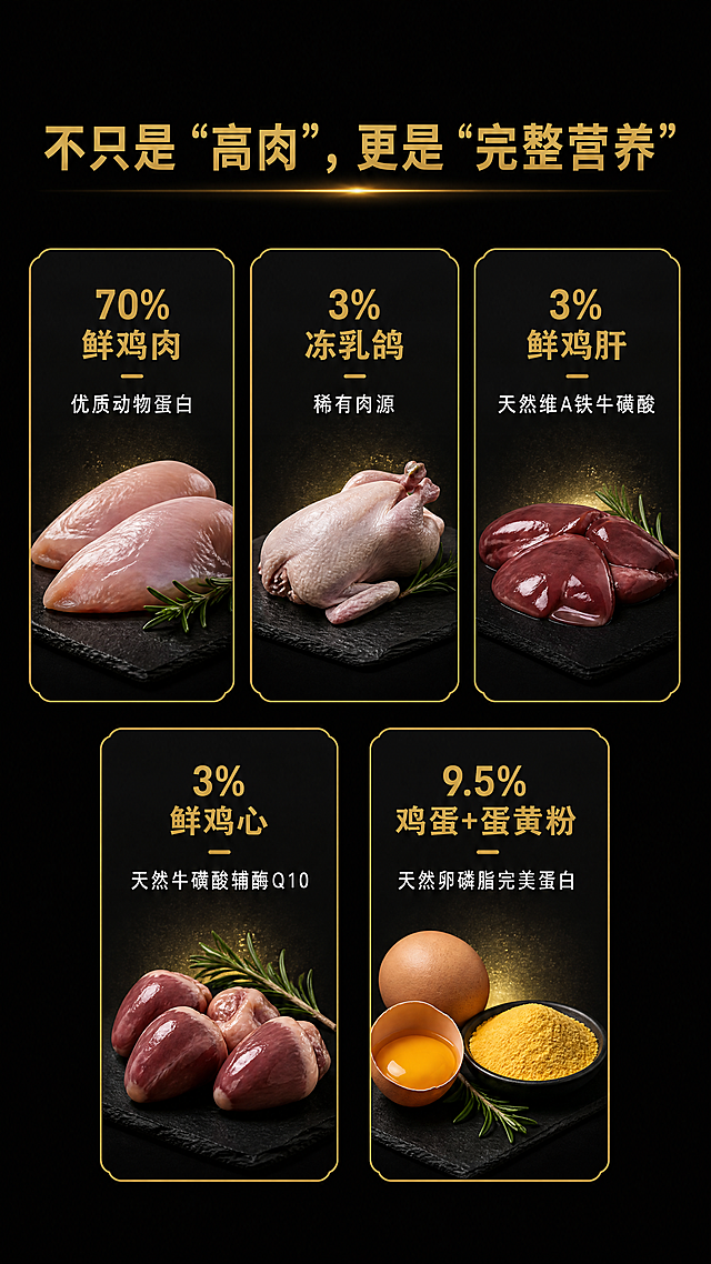「图片1」，生成详情页，商品名称为鲜肉蛋酥奶霜烘焙全价猫粮，卖点是94%动物性原料，0谷物0肉粉添加 专为肉食天性设计 益生元与益生菌协同，助理肠道  健康，优护肠胃，源自深海鱼油与天然叶黄素的综合支持，美毛亮眸，含天然纤维，有助于促进毛球随粪便排除，平台主要是国内电商四大平台同时可以用，淘宝 抖音 拼多多 阿里适配淘宝/天猫平台，单图比例为9:16，需求屏数为6张。一定要保证我的原图清晰，不要更改我的原图上任何信息，保证绝对的真实，不要有夸张的宣传词，违禁词违规词出现高端品质 · 信任为王（完整独立文档）「图片1」
一、整体设计规范
项目	参数
详情页宽度	1080px
每屏高度	1200px
安全边距	左右各20px，顶部/底部各40px
圆角	图片/卡片12px，按钮30px，徽章圆形
阴影	卡片 0 8px 20px rgba(0,0,0,0.3)
字体	思源黑体，备选 PingFang SC, Microsoft YaHei
主色	纯黑 #0A0A0A，深灰 #1A1A1A，金色 #C9A03D，爱马仕橙 #FF6600，白色 #F5F5F5
字体层级：
用途	字重	字号(px)	行高(px)	颜色
主标题	Bold	36-42	50	金色 #C9A03D
副标题	Bold	28	36	白色 #F5F5F5
正文	Regular	18	29	白色 #F5F5F5
小字/标注	Light	14	21	#999999
数据数字	Heavy	56	62	金色 #C9A03D
第1屏：黑金开场
图片设计思路
背景：纯黑 #0A0A0A，叠加径向渐变金色光晕（圆心在屏幕中央偏上，颜色 #C9A03D，模式柔光，不透明度20%）。
产品包装图：博须猫粮1.5kg包装的3D渲染图，高光反射强烈，阴影厚重，宽500px，透明底PNG。需精修，体现奢华质感。
品牌Logo：烫金效果Logo，宽180px，置于左上角（80, 80）。
主标题：“博须 · 猎食天性食谱”，金色，42px Bold，底部居中，距底200px。
无其他干扰元素，大量留白。
详细设计参数
元素	坐标 (x, y)	尺寸	颜色/字体	内容
背景	(0,0) 至 (1080,1200)	全屏	#0A0A0A	径向渐变光晕叠加
品牌Logo	(80, 80)	宽180px	烫金效果	Logo透明底PNG
产品包装	(540, 450)	宽500px	—	3D渲染图
主标题	(540, 1020)	—	金色 #C9A03D，42px Bold	“博须 · 猎食天性食谱”
第2屏：四个金色徽章
图片设计思路
背景：黑色 #0A0A0A。
四个圆形徽章：直径220px，金色边框2px，背景 #1A1A1A，圆形。每个徽章内部有一个金色图标（64×64px）和下方金色文字。排列为2×2网格。
图标内容：94%动物性原料（肉块），70%鲜鸡肉（鸡腿），0谷物（禁止谷物），0诱食剂（禁止香精）。
所有图标和文字均为金色。
详细设计参数
元素	坐标 (x, y)	尺寸	说明
徽章1	(160, 250)	直径220px	金色边框2px，背景 #1A1A1A；图标(160,290) 64×64px；文字(160,360) 20px金色 Bold，“94%动物性原料”
徽章2	(640, 250)	直径220px	同上；图标(640,290) 64×64px；文字“70%鲜鸡肉”
徽章3	(160, 600)	直径220px	同上；图标(160,640) 64×64px；文字“0谷物”
徽章4	(640, 600)	直径220px	同上；图标(640,640) 64×64px；文字“0诱食剂”
第3屏：整只猎物营养（黑金卡片）
图片设计思路
背景：#0A0A0A。
5个卡片：布局与方案一第3屏相同，但卡片背景改为 #1A1A1A，金色边框1px，圆角16px。卡片内图标金色，标题金色，正文白色。
卡片内容：70%鲜鸡肉、3%冻乳鸽、3%鲜鸡肝、3%鲜鸡心、9.5%鸡蛋+蛋黄粉。
详细设计参数
元素	坐标 (x, y)	尺寸	说明
主标题	(540, 80)	—	金色 #C9A03D，36px Bold，“不只是‘高肉’，更是‘完整营养’”
卡片1	(180, 200)	宽280px，高260px	背景 #1A1A1A，金色边框；图标(180,230) 48×48px金色；标题(180,290) 22px金色“70%鲜鸡肉”；正文(180,330) 16px白色“优质动物蛋白”
卡片2	(540, 200)	同上	标题“3% 冻乳鸽”，正文“稀有肉源”
卡片3	(900, 200)	同上	标题“3% 鲜鸡肝”，正文“天然维A、铁、牛磺酸”
卡片4	(360, 500)	同上	标题“3% 鲜鸡心”，正文“天然牛磺酸、辅酶Q10”
卡片5	(720, 500)	同上	标题“9.5% 鸡蛋+蛋黄粉”，正文“天然卵磷脂、完美蛋白”
第4屏：微距图（金色边框+留白）
图片设计思路
背景：#0A0A0A。
微距图：与方案一第4屏相同的高清微距摄影图（猫粮颗粒），但周围添加金色边框（2px）。边框与图片之间留白10px，整体像一幅镶框画。图片尺寸：宽960px，高700px，居中放置，边框外背景黑色。
浮层文字“微距实拍 · 无滤镜”置于图片底部（黑色半透明底，金色描边）。
详细设计参数
元素	坐标 (x, y)	尺寸	说明
微距图	(60, 100)	宽960px，高700px	金色边框2px，边框内边距10px
浮层文字	(540, 780)	内边距10px 20px，圆角30px	黑色半透明底 #00000080，金色描边，文字“微距实拍 · 无滤镜”白色28px Bold
第5屏：五维肠道养护（黑底金字列表）
图片设计思路
背景：#0A0A0A。
与方案一第5屏结构相同，但背景黑色，文字白色，标题金色。左侧金色圆点代替图标（或使用极简金色图标）。
五个维度纵向排列，每个维度包含标题（金色22px）、正文（白色18px）。
详细设计参数
元素	坐标 (x, y)	尺寸	说明
主标题	(60, 80)	—	金色 #C9A03D，36px Bold，“猎食者的肠胃，也需要‘驯化’”
副标题	(60, 130)	—	#CCCCCC，20px Regular，“五维肠道养护体系，有助于维持肠道健康”
行1	(60, 220) 左图标(60,220) 48×48px金色圆点	—	标题“活性益生菌”22px金色；正文“枯草芽孢杆菌+嗜酸乳杆菌，有助于直达肠道”18px白色
行2	(60, 370)	—	标题“三重益生元”；正文“菊苣根粉+甘露寡糖+果寡糖，有助于滋养有益菌”
行3	(60, 520)	—	标题“丝兰提取物”；正文“有助减少粪便氨气，源头减臭”
行4	(60, 670)	—	标题“车前子粉”；正文“天然纤维，有助促进毛球排出”
行5	(60, 820)	—	标题“菊苣根粉”；正文“额外膳食纤维，温和调节”
主标题	(540, 80)	—	金色 #C9A03D，36px Bold，“顶级猎食者的能量密码”
三文鱼油瓶	(200, 350)	宽200px	透明底PNG
磷虾油「图片1」「图片1」