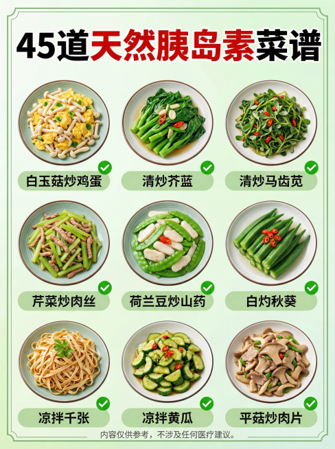 生成一张健康食谱海报，主题为面向中老年血糖管理人群的养生家常菜。整体风格清新治愈，中老年友好，浅绿色渐变背景，带绿色细边框，画面干净无冗余元素。海报顶部居中位置，放置大号加粗黑体文字「45道天然胰岛素预览效果