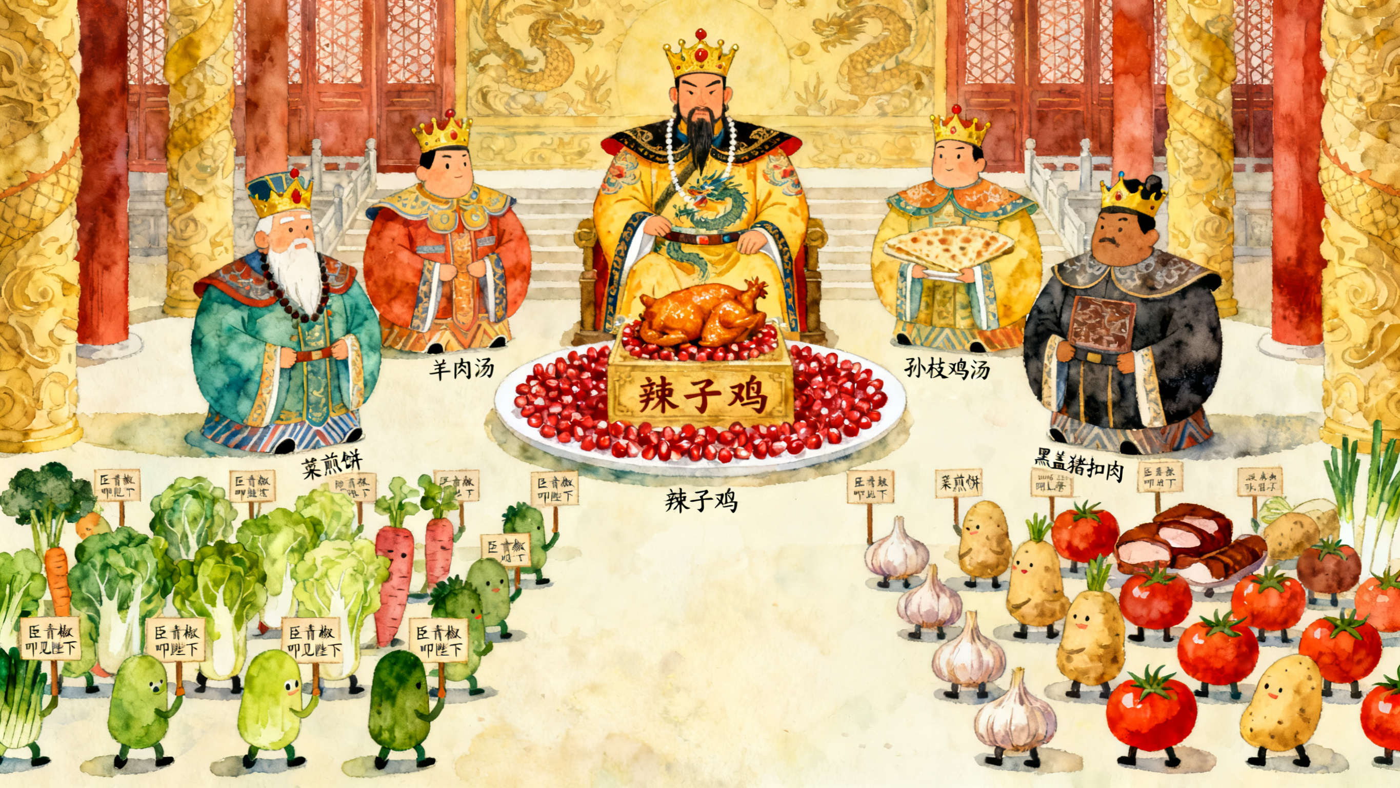 威严的皇宫朝堂场景，主题是称霸鲁南菜界，拟人化菜品，不做成人形… - 图片创意预览