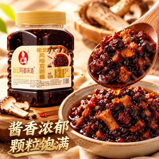 「图片1」，生成一套主图（5张），商品名称是松茸风味豆豉酱，卖点是传统工艺调味品，适配淘宝/天猫平台，主图比例为1:1预览效果