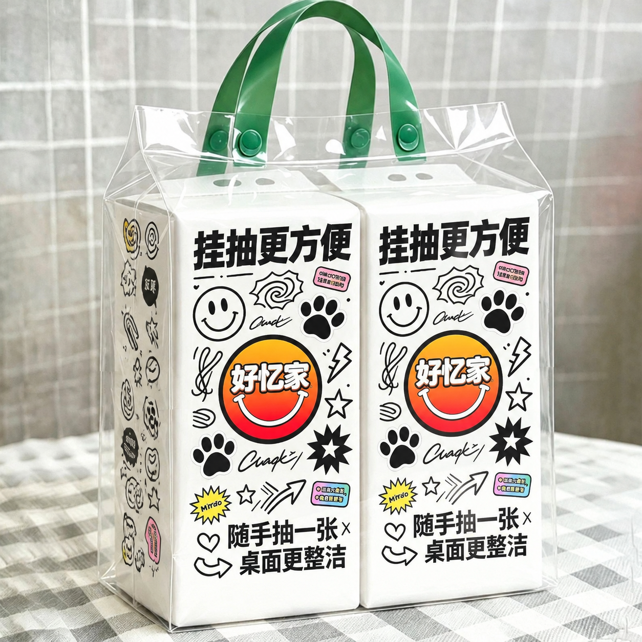 将第一张白底图中的所有包装图案元素（包括“挂抽更方便”大字、笑… - 图片创意预览