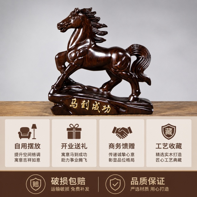 「图片1」，生成一套主图（5张），商品名称是马到成功，卖点是实木雕刻，适配淘宝/天猫平台，主图比例为1:1预览效果