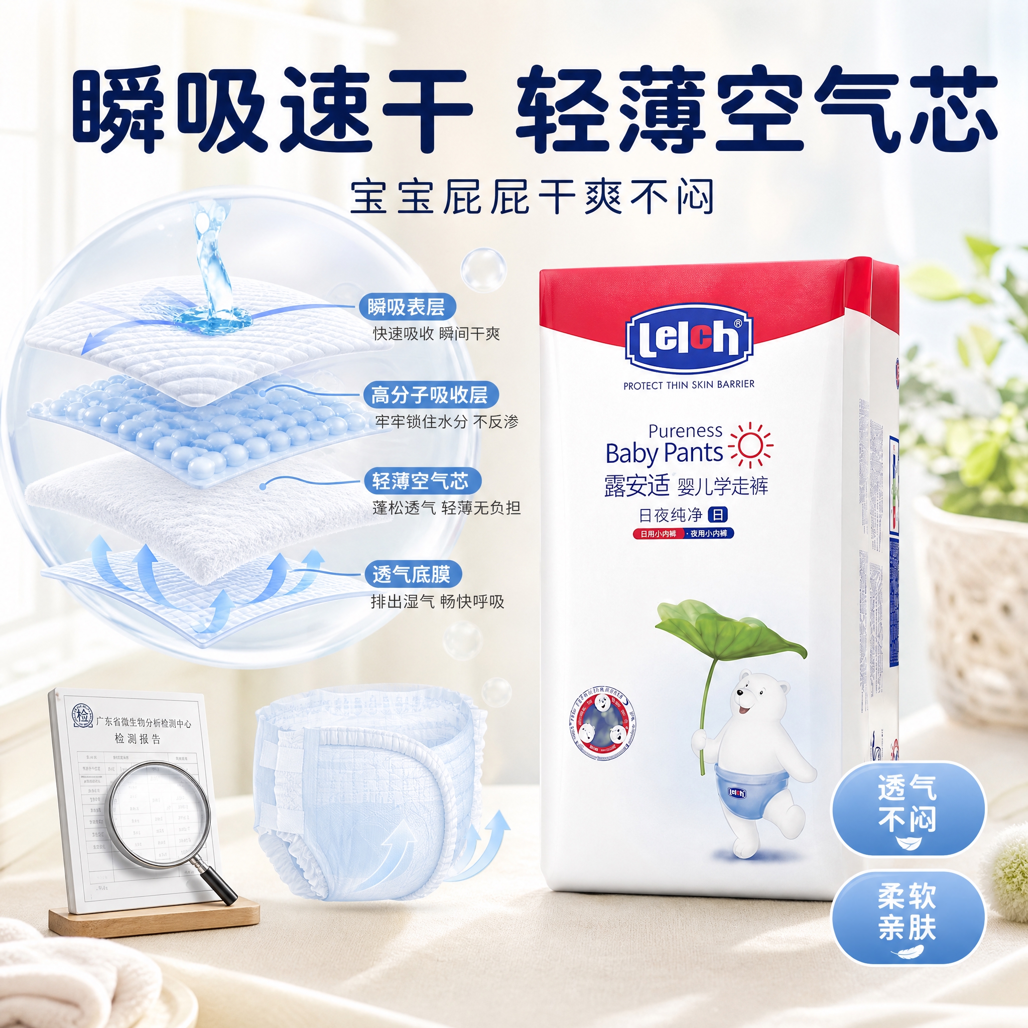 [主图-2] 露安适婴儿学走裤核心功能图，突出瞬吸速干与轻薄空… - 图片创意预览