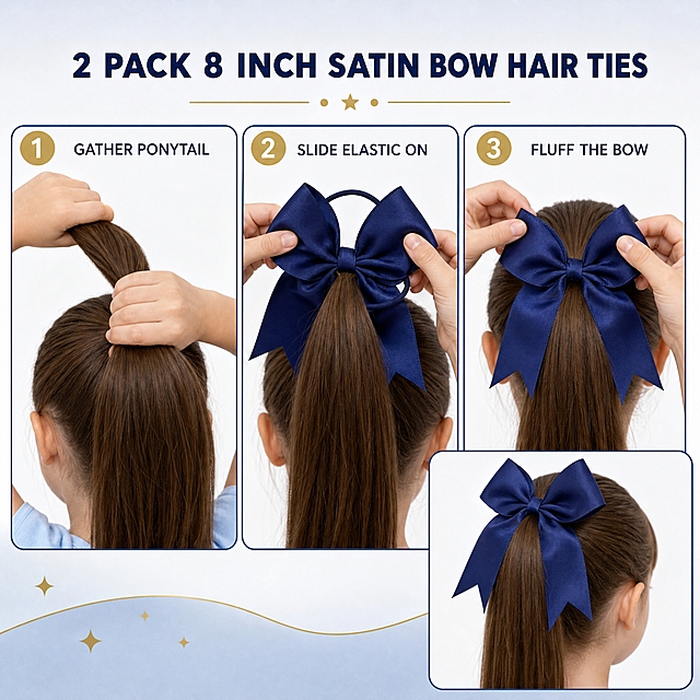 [主图-6] 商品名称：2 Pack 8 Inch Navy Blue Satin Bow Hair Ties（2个装 8英寸深蓝色缎面蝴蝶结发圈）。主题与唯一任务：佩戴步骤图，用三步流程与局部手部证明佩戴快捷、固定牢靠，版式为横向编号流程，与前面各图骨架不同。
[统一基调] 整套 Amazon 主图统一视觉：干净高级的儿童发饰 listing infographic；浅雾蓝灰到白的柔和渐变背景、深海军蓝与柔和香槟金点缀、深海军蓝图标题、中灰蓝说明字、无衬线几何字体、圆角白卡片配细蓝描边组件、柔和影棚柔光。
[画面] 横向三等分步骤流程，每格左上角置圆形编号 1、2、3：第一步为一位 6 岁欧美小女孩的局部手部与前臂把深棕色长发束成高马尾（不露脸、不出现完整人物）；第二步为同一双手把深海军蓝缎面发圈的弹性圈套入马尾并固定到位；第三步为手指轻轻拉整缎带，整理蝴蝶结四环与燕尾至饱满完成状态；底部右侧放一枚圆角小窗，展示完成后蝴蝶结扎在儿童马尾上的最终状态作为结果语境组件。三格内产品均为同一款深海军蓝缎面蝴蝶结，弹性发圈结构与输入产品图完全一致。
[光影质感] 柔和棚拍柔光，皮肤与发丝质感自然，缎面呈细腻缎光，手部与产品间有自然接触阴影，无穿模与硬边。
[配色] 沿用统一浅雾蓝灰到白渐变背景，海军蓝描边与香槟金编号图标点缀，产品保持深海军蓝本色。
[文字版式] 主标题 2 PACK 8 INCH SATIN BOW HAIR TIES 置于顶部留白，深海军蓝全大写加粗；三步分别配小号英文说明 GATHER PONYTAIL、SLIDE ELASTIC ON、FLUFF THE BOW，字号比标题小 50% 以上，横排且不遮挡动作主体；负向：不得出现中文、错字或夸大用语。
[输出要求] 1:1 方图，手部结构自然、产品清晰无变形、步骤清晰可读；负向：中文、多余手指、畸形手、融合手指、肢体穿模、模糊、水印、平台 Logo、边缘硬切。