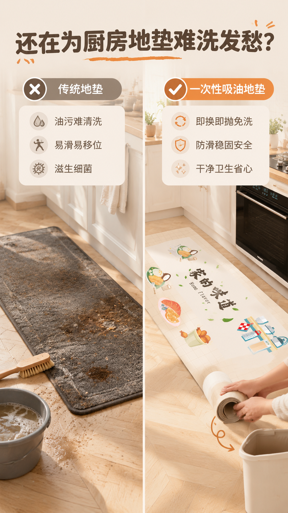[商品] 使用【图1】一次性吸油厨房地垫；保留浅米杏底色、"家… - 图片创意预览