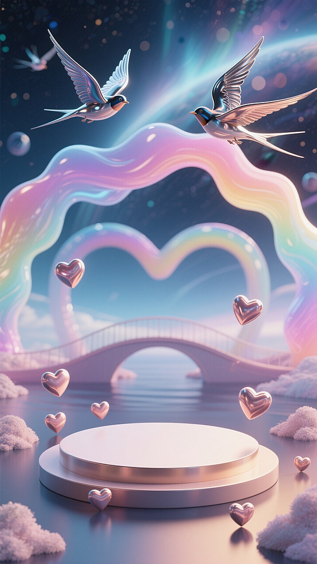 画面前面是一个空的圆形展台，3D立体场景 ，C4D渲染浪漫宇宙 / 悬浮的比较小的立体爱心群岛分散在画面四周，中间留白 / 流体金属喜鹊在画面上方飞舞 ， 糖果色渐变流体拱桥在圆形展台后方/ 景深模糊光斑