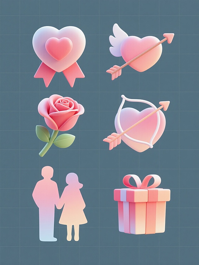 六个不同样式的情人节主题元素，包括心形丝带、爱心图案、丘比特之箭、玫瑰花、情侣剪影、礼盒，每个元素拥有独特配色，整体采用现代简约风格，单个元素呈现柔和渐变色彩和光滑细腻的质感，光影过渡自然，立体感适中，所有元素在纯色背景上以整齐对称的网格状排列，视觉层次清晰，信息传达简洁明了，符合情人节浪漫温馨的氛围，设计感十足。