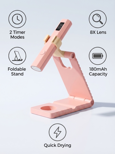 [主图 3] 核心功能亮点展示图
[氛围风格] 功能清晰，科技感简洁风，符合跨境电商规范
[画面元素] 商业摄影质感，光线柔和通透，产品清晰真实，画面干净高级。粉色和米白色两款美甲灯并列展示居中，保留预览效果