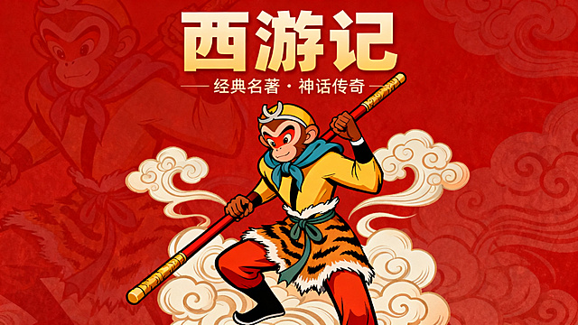 西游记主题的PPT封面，红色系配色，中国古典漫画风格，画面有孙悟空形象，搭配祥云纹样，整体充满国风氛围感，醒目大气。