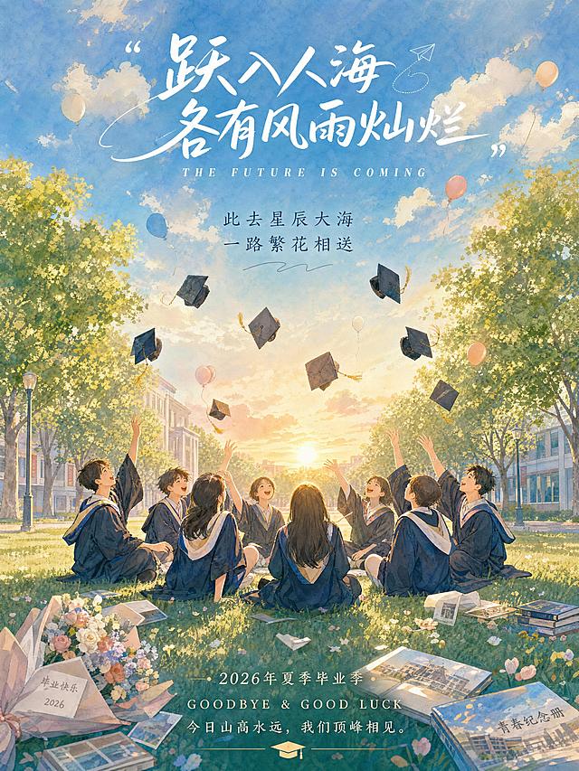竖版毕业季海报，治愈水彩插画风格，主色调为晴空蓝+米白色，整体清新梦幻，8K质感。主体画面：一群毕业生坐在大学校园草坪上，围成圆圈抛起学士帽，周围散落着毕业纪念册和鲜花，背景是梧桐大道与落日晚霞，空中飘着气球。文字排版：顶部：艺术字体"跃入人海 各有风雨灿烂"，搭配英文"THE FUTURE IS COMING"。中部：文案"此去星辰大海 一路繁花相送"。底部："2026年夏季毕业季"，搭配英文"GOODBYE & GOOD LUCK"，文案"今日山高水远，我们顶峰相见。"。整体风格：治愈水彩风，清新校园毕业季主题。