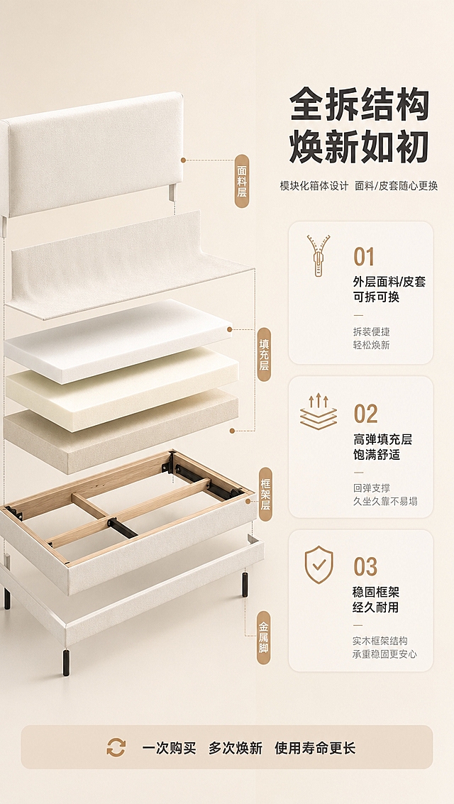 [商品] 使用【图1】意式简约悬浮布艺软包床；保留床头高软包、薄床架、金属细支脚、米白色布艺材质、低悬浮设计、整体比例与结构；商品处理：展示模块化箱体全拆结构，分解示意面料层、填充层、框架层，保留产品各部件原貌与比例，不虚构结构。
[画面] 目标：结构框架页，解析模块化箱体全拆结构，突出后期更换面料/皮套方便、延长使用寿命；构图：左结构爆炸示意图+右文案说明；主体位置：左侧3D分层爆炸示意占画面约60%，右侧文案区；角度：侧视等轴测分解视角；景别：中景结构示意；前中后景：前景最外层面料层，中景填充层，后景实木框架层，层次分明。
[视觉] 套系策略：风格=意式极简高级商业摄影+3D结构示意；标题字=现代无衬线粗体（思源黑体Heavy）；正文字=简洁无衬线体（思源黑体Regular）；主色=米白+浅杏；背景延展=基于米白浅杏做深浅层级渐变、同色系哑光背景；强调色=暖驼色，仅用于小面积图标、引线和标签；标题色=深炭灰；正文色=中暖灰；组件=圆角浅底信息卡、细线引线、极简icon、数字序号标注；光影=均匀暖柔光，结构层次清晰。
[文字] 右侧文案区：主标题「全拆结构 焕新如初」（8字）；副标题「模块化箱体设计 面料/皮套随心更换」（14字）；3个结构卖点：「01 外层面料/皮套 可拆可换」「02 高弹填充层 饱满舒适」「03 稳固框架 经久耐用」；底部利益点：「一次购买 多次焕新 使用寿命更长」；所有文字横排。
[规格] 图片比例9:16竖版，4K分辨率，负向提示：避免变形、错字、文字过小、冷蓝/冷灰背景、产品颜色改变、结构失真、虚构部件、水印、平台Logo、绝对化用语。