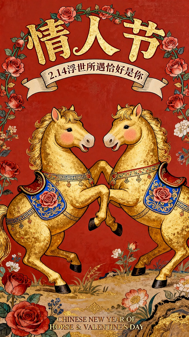 国潮风工笔画风格，鎏金双马相依，红底花环环绕，融合中式复古与浪漫唯美，传递情人节喜庆祝福。