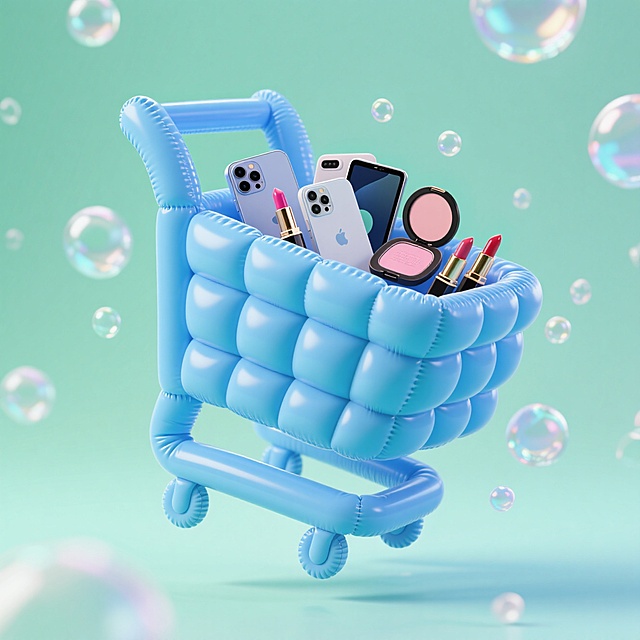 梦幻感十足的软3D风格购物车，充气质感搭配清新薄荷绿背景，漂浮泡泡环绕，装载手机与美妆，萌趣可爱，双11节日氛围轻松愉悦。