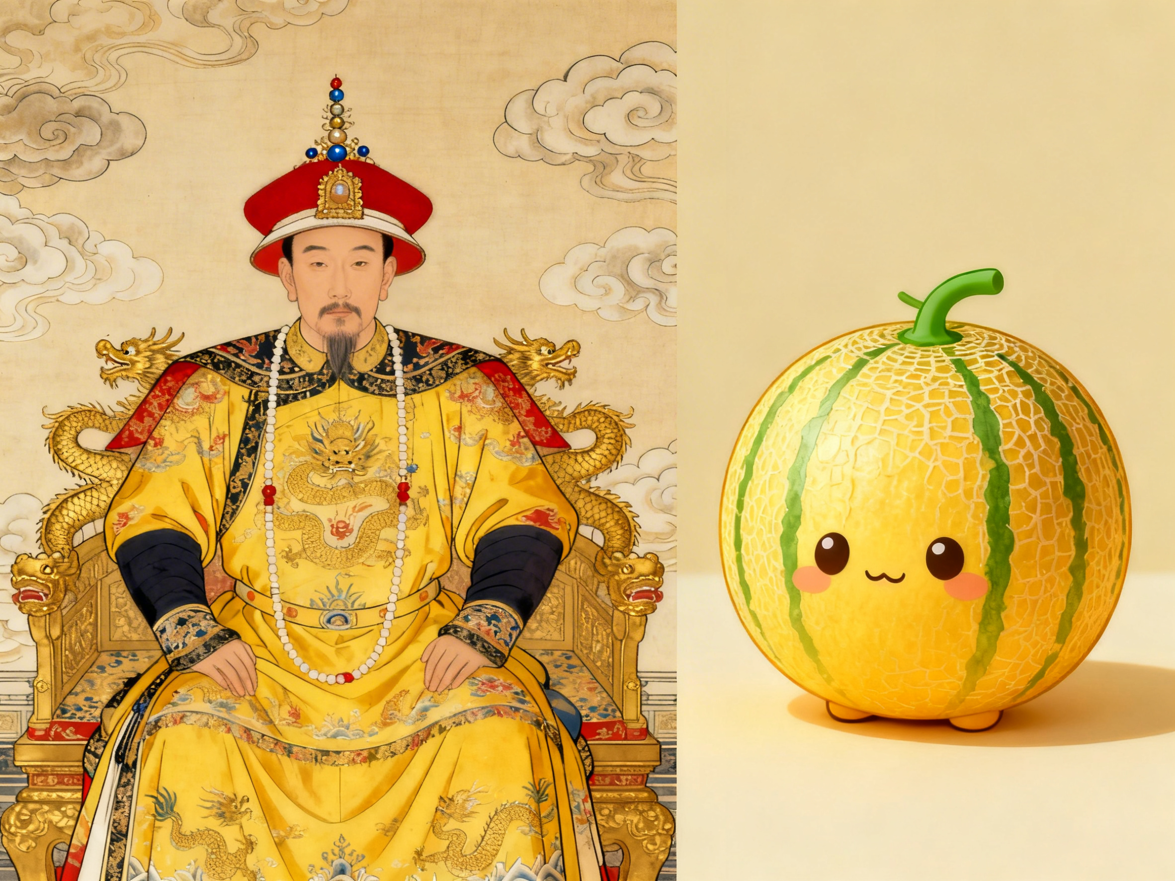 康熙皇帝古代朝服画像旁摆放着一个可爱卡通风格的金黄色哈密瓜，古… - 图片创意预览