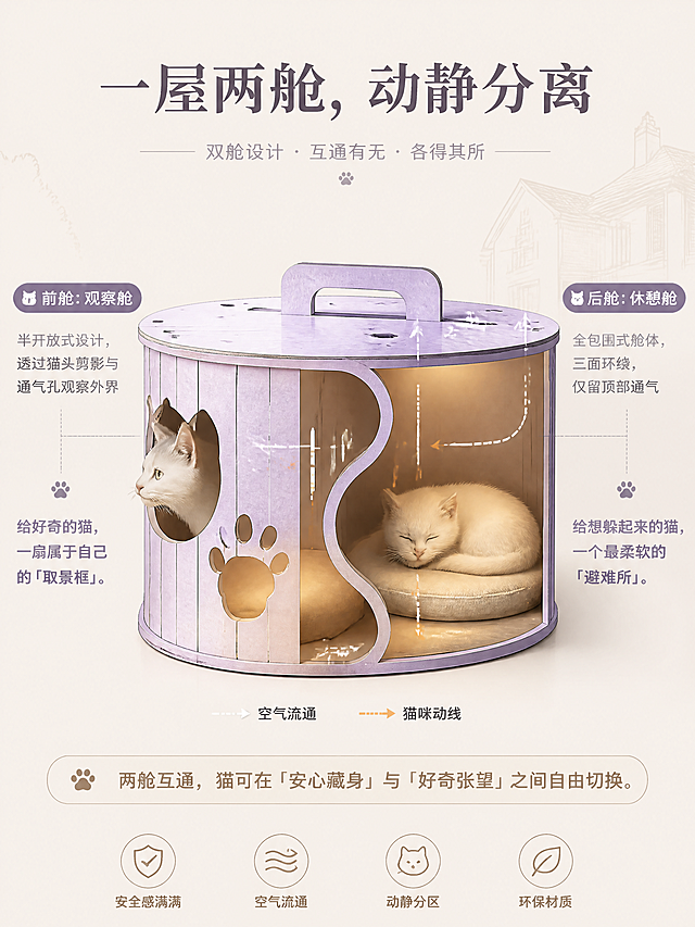 [第6张] S型双舱结构页 - 前后舱功能分区图解。本张使用【图1】作为产品参考，展示双舱内部结构与功能分工。
[氛围/风格] 结构图解风，温暖清晰，信息可视化，高级感。
[元素布局] 画面中央为S型猫屋的剖面透视图，可以清晰看到内部双舱结构：左侧前舱（观察舱）半开放式，有猫头剪影镂空窗口，一只猫咪正从窗口向外张望；右侧后舱（休憩舱）全包围式，三面环绕，里面有一只猫咪蜷缩安睡；两个舱之间有通道相连；剖面用虚线和箭头标注气流和动线；背景为浅米色，有淡淡的建筑线稿装饰。
[光影质感] 柔和均匀光照，内部结构清晰可见，舱内有温暖的微光感，营造安心氛围。
[配色色系] 全局底色 #F5F0EB 米杏色；主色香芋紫；辅助色暖黄（舱内光）、米白、浅棕。
[视角构图] 中央剖面透视图为主，左右两侧分别标注前后舱功能，阅读动线从顶部标题 → 中部结构图 → 两侧说明。
[文字版式] 顶部大标题「一屋两舱，动静分离」；左侧标注「前舱：观察舱」+说明「半开放式设计，透过猫头剪影与通气孔观察外界」+金句「给好奇的猫，一扇属于自己的「取景框」。」；右侧标注「后舱：休憩舱」+说明「全包围式舱体，三面环绕，仅留顶部通气」+金句「给想躲起来的猫，一个最柔软的「避难所」。」；底部小字「两舱互通，猫可在「安心藏身」与「好奇张望」之间自由切换。」
[比例分辨率] 3:4 竖版比例，4K 分辨率，文字清晰可辨。
[负向提示词] 结构错误，猫屋变形，文字错乱，水印，画面杂乱。
