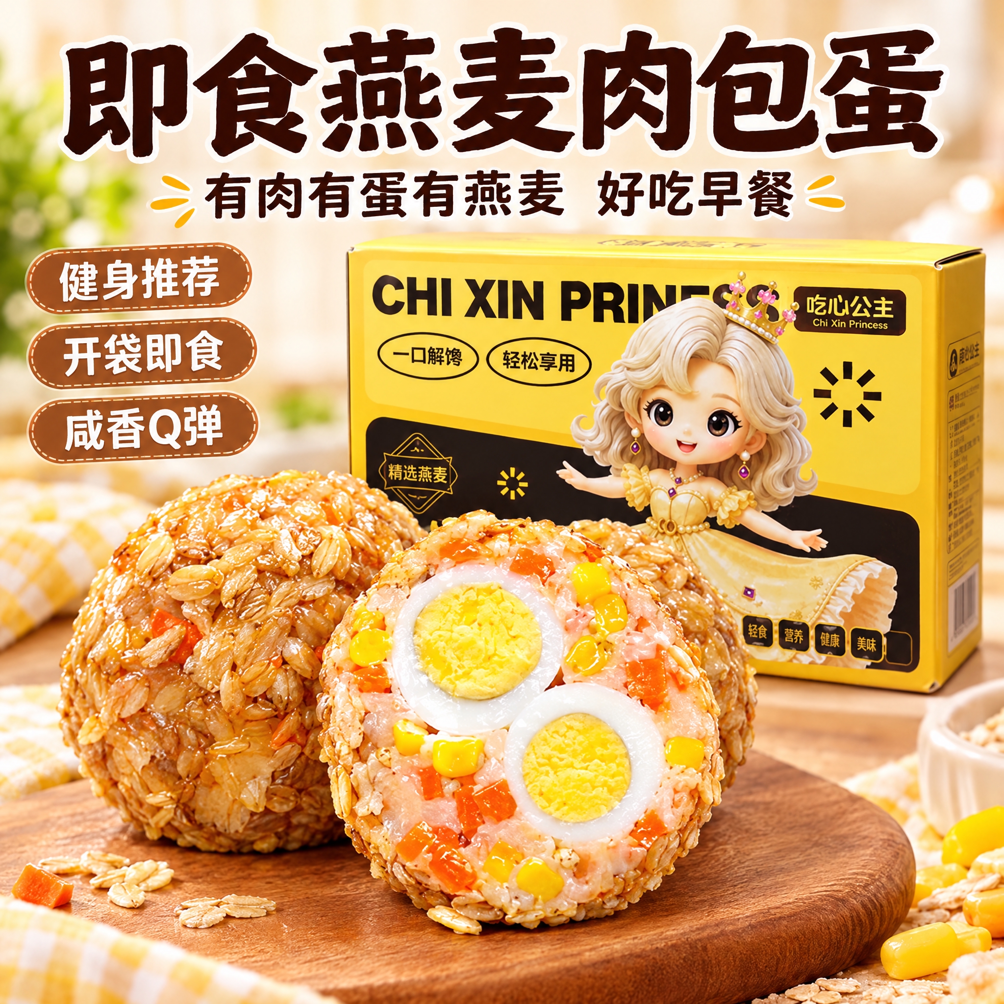1:1正方形电商主图，燕麦肉包蛋产品，使用第三张实拍的切开双蛋… - 图片创意预览