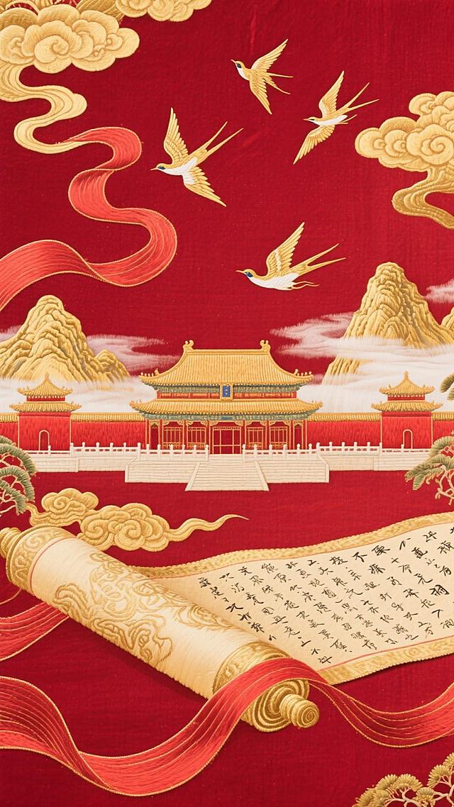 一幅盛大喜庆的中式场景，背景为深红色，缀有精致繁复的金色云纹。画面中央是宏伟的中国古代宫殿建筑，以金红为主色调，呈现出飞檐翘角、精雕细琢等传统建筑元素。这些宫殿坐落于一幅徐徐展开的古老卷轴之上，卷轴表面绘有细腻的书法或纹样。
宫殿周围环绕着巍峨的金色山峦，山体泛着近乎金属质感的光泽，部分被轻柔的白雾笼罩，增添了空灵缥缈之美。红色绸带在空中飘舞，穿梭于整个场景之中，为画面注入灵动的节庆气息。几只金色飞鸟（似燕子或凤凰）正展翅翱翔，进一步烘托出热闹鲜活的氛围。