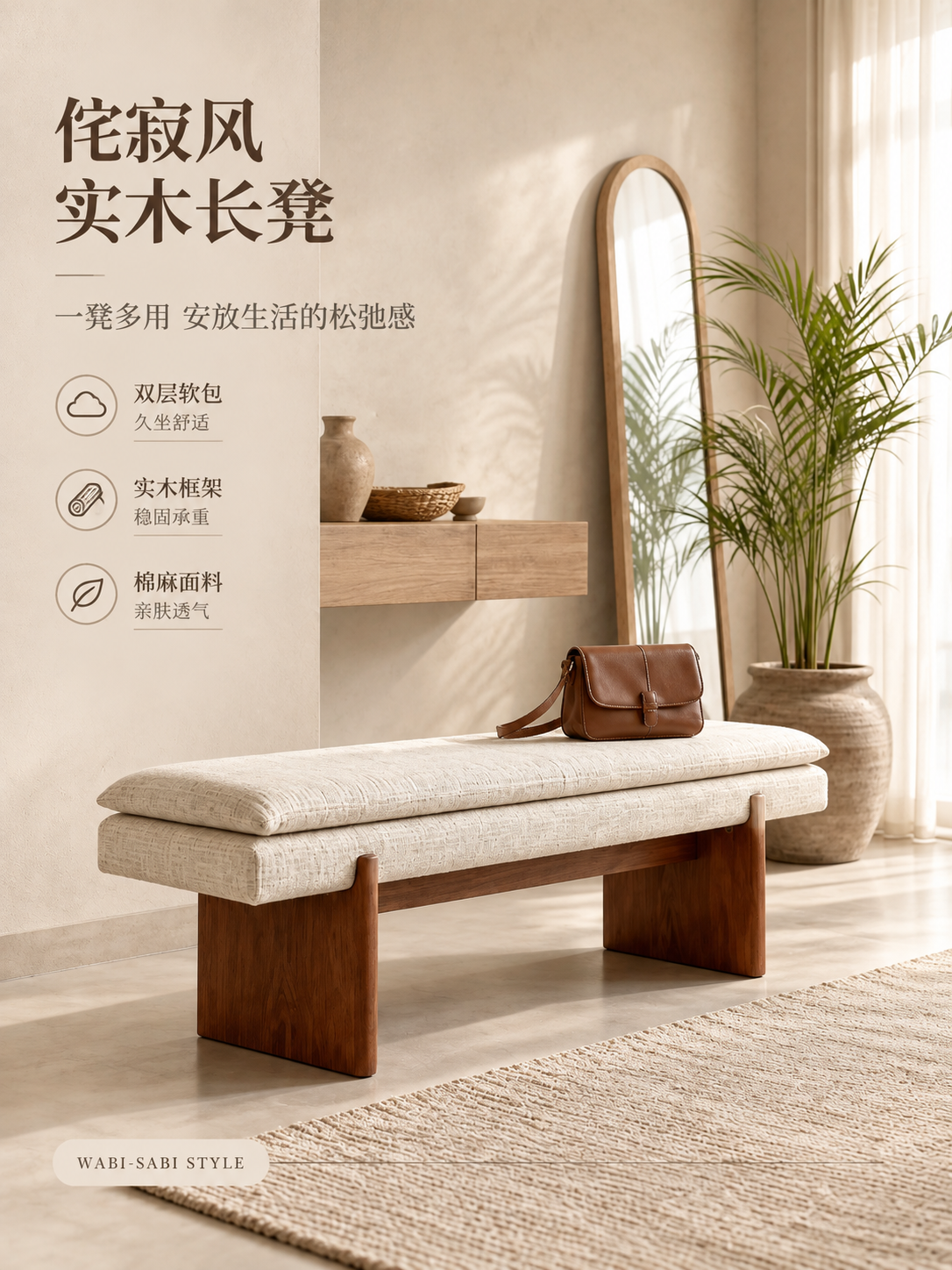 [商品] 使用【图1】侘寂风实木软包长凳；保留双层米白色棉麻软… - 图片创意预览