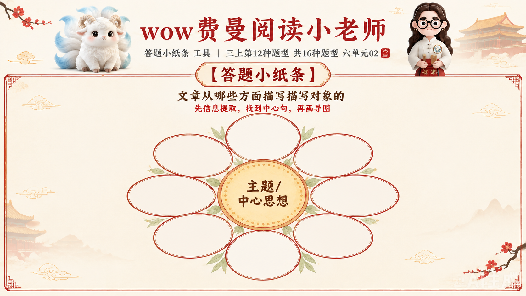 一张横版小学生语文阅读答题知识卡，淡雅故宫风格，米白底色配朱红… - 图片创意预览