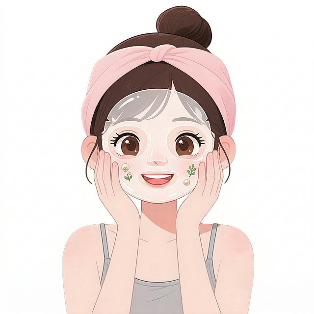 修改图中女孩的表情，变成高兴开心的表情，女孩正在敷面膜，保留原图的卡通插画风格、丸子头发型、粉色发带、灰色吊带服饰，整体干净可爱