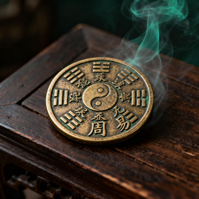 古风玄学铜币，做旧青铜质感，表面带有八卦符文和周易文字，摆放于深色古朴木质桌面上，环绕淡淡青雾，复古暗调中式美学，高清特写，文化神秘氛围预览效果