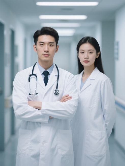 极简主义风格，两名穿着白色医生服、佩戴听诊器的医生，男性在前双臂交叉，女性在后站姿挺拔，背景为模糊的医院走廊，冷色调光线，清晰的线条，简洁的构图，柔和的阴影，干净的背景，突出主体人物，专业且冷静的氛围，高对比度，平滑的质感，无多余细节，留白设计，现代简约美学。预览效果