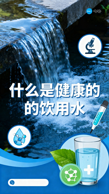 类似新闻的封面，主题为"什么是健康的饮用水"，整体蓝色底色，画面元素丰富，包含干净的水源、健康相关的科普视觉元素，新闻标题排版正式清晰预览效果